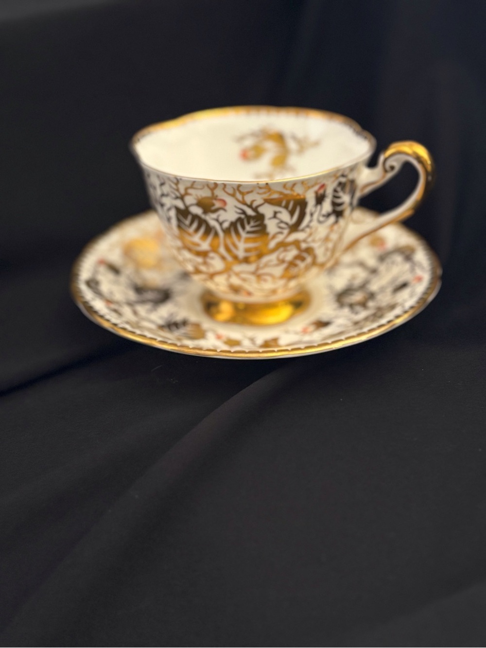 Vintage Royal Chelsea Bone Ornate Flotal Teacup and Saucer set Gold Trim